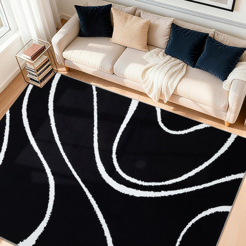 YIHOUSE Abstract Washable Rug 5x7,Ultra Thin Non Slip Black Rugs for Living Room,Modern Minimalist White Stripe Rugs for Bedroom,Dining Room Office Playroom (5'x7',Black-2) - Image 1