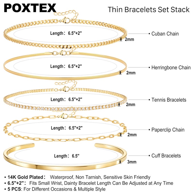 Poxtex Gold Bracelets Stack for Women 14K Gold Plated 5Pcs Dainty Thin Bracelet Set - Waterproof Tarnish Free Stainless Steel Jewelry - Quiet Luxury Stackable Paperclip Herringbone Cuban Tennis Cuff Chain Gifts - Image 4