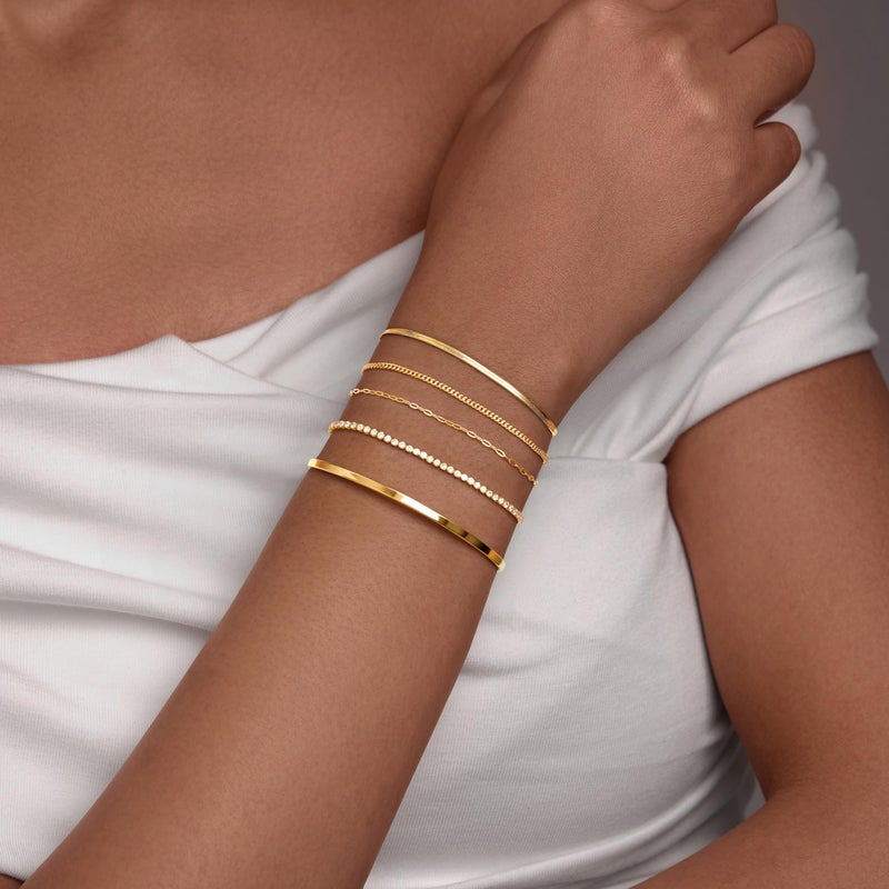 Poxtex Gold Bracelets Stack for Women 14K Gold Plated 5Pcs Dainty Thin Bracelet Set - Waterproof Tarnish Free Stainless Steel Jewelry - Quiet Luxury Stackable Paperclip Herringbone Cuban Tennis Cuff Chain Gifts - Image 2