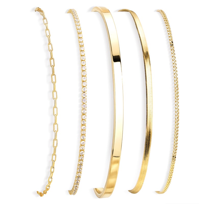 Poxtex Gold Bracelets Stack for Women 14K Gold Plated 5Pcs Dainty Thin Bracelet Set - Waterproof Tarnish Free Stainless Steel Jewelry - Quiet Luxury Stackable Paperclip Herringbone Cuban Tennis Cuff Chain Gifts - Image 1