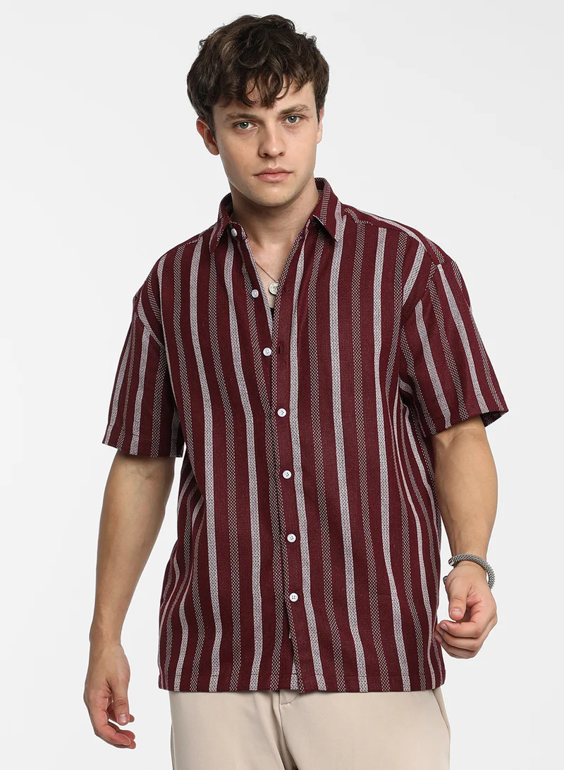 كامبوس سوترا Men's Maroon Red Pencil Striped Shirt For Casual Wear | Spread Collar | Short Sleeve | Button Closure | Shirt Crafted With Comfort Fit For Everyday Wear