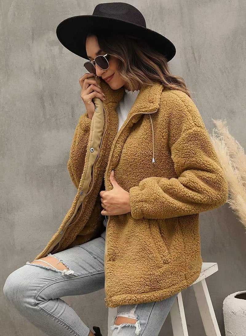 Loquat Women's Autumn/Winter Fashion Solid Color Stand Collar Double Face Plush Coat  - Image 2