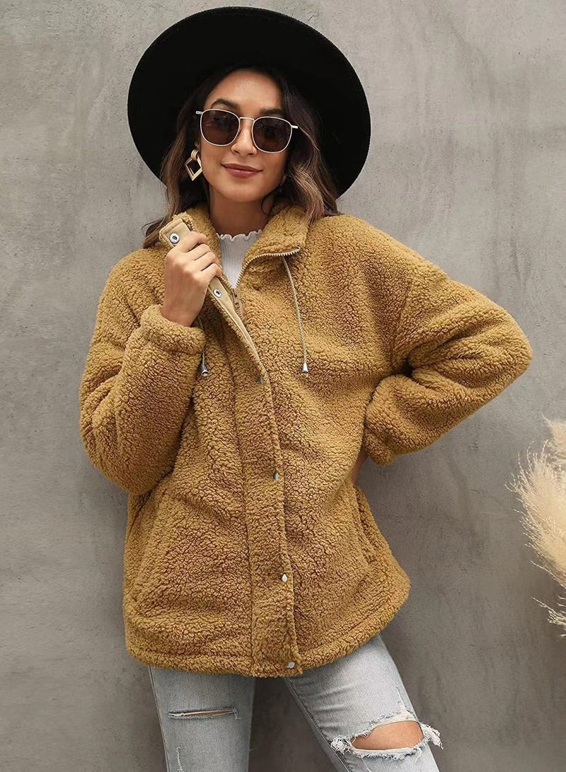 Loquat Women's Autumn/Winter Fashion Solid Color Stand Collar Double Face Plush Coat  - Image 1