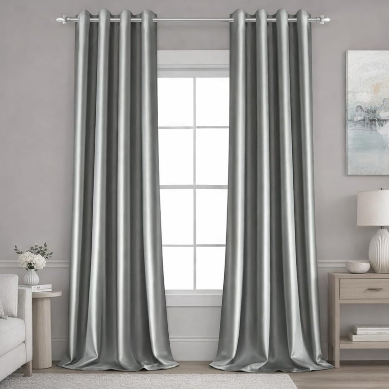 HOMEIDEAS 2 Panels Silver Grey Faux Silk Blackout Luxury Curtains, 52 X 96 Inch Room Darkening Satin Thermal Insulated Window Drapes for Bedroom Decor, Indoor - Image 1