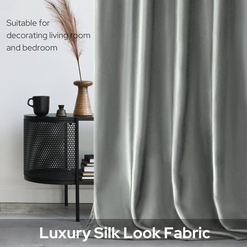 HOMEIDEAS 2 Panels Silver Grey Faux Silk Blackout Luxury Curtains, 52 X 96 Inch Room Darkening Satin Thermal Insulated Window Drapes for Bedroom Decor, Indoor - Image 4