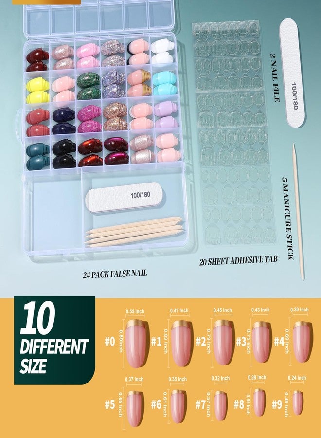 FANDAMEI Press on Nails, 24 Colors 576PCS Press on Nails Oval, Cat Eye Press on Nails Short, Glitter Fake Nails, Press on Nails French Tip Natural Glossy Nails for Nail Art - Image 2