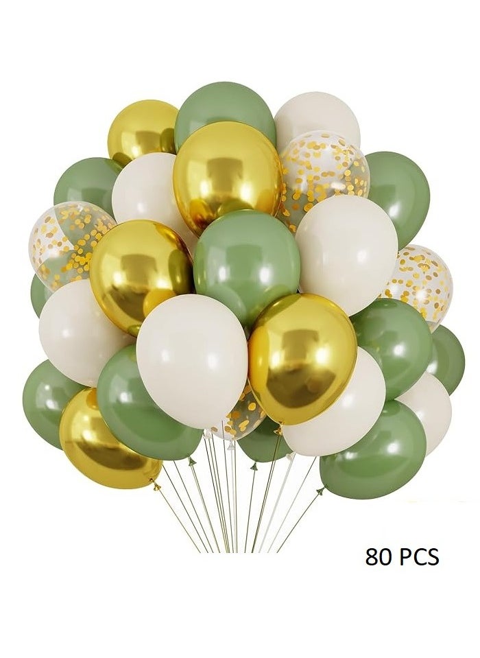 Boxwoods 80 PCS Of Sage Green White Golden Chrome And Confetti Balloons For Birthday Anniversary And Bridal Shower Party Decoration  - Image 1