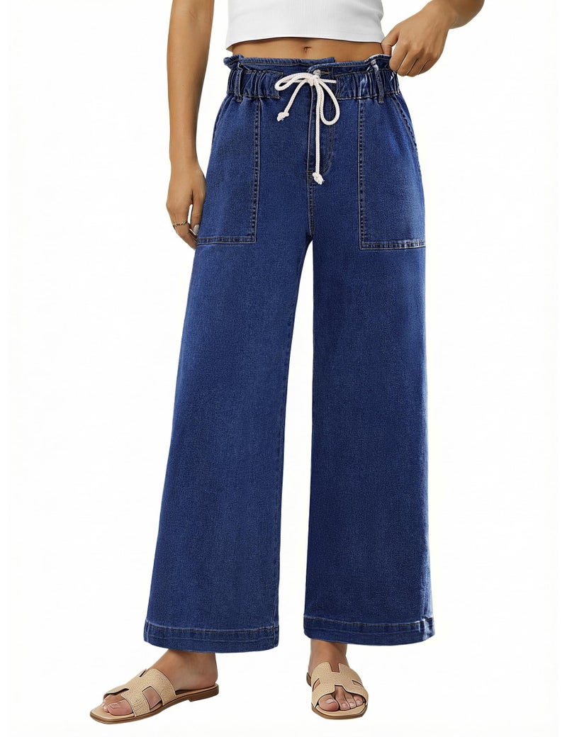 luvamia High Rise Jeans for Women Tummy Control Jeans for Women Elastic Paper Bag Waist Pants Classic Blue Size Large Fits US 12-14 - Image 1