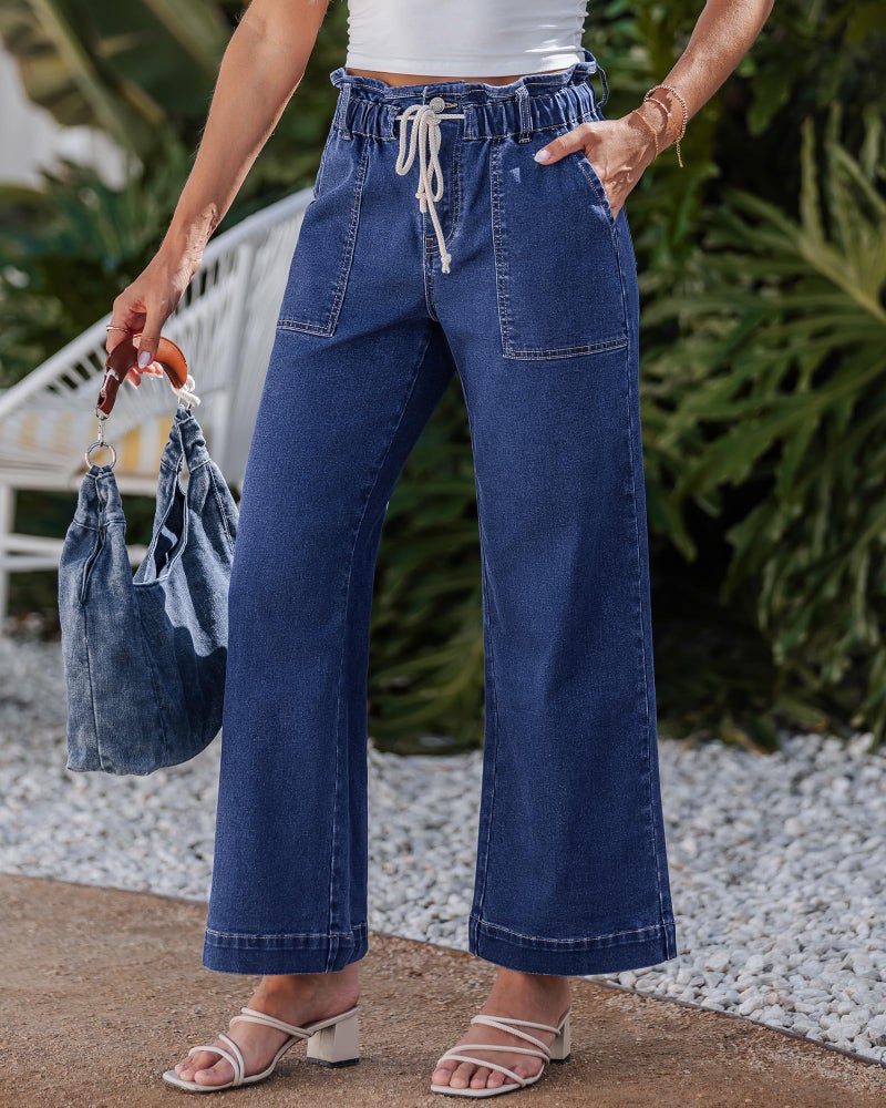 luvamia High Rise Jeans for Women Tummy Control Jeans for Women Elastic Paper Bag Waist Pants Classic Blue Size Large Fits US 12-14 - Image 2