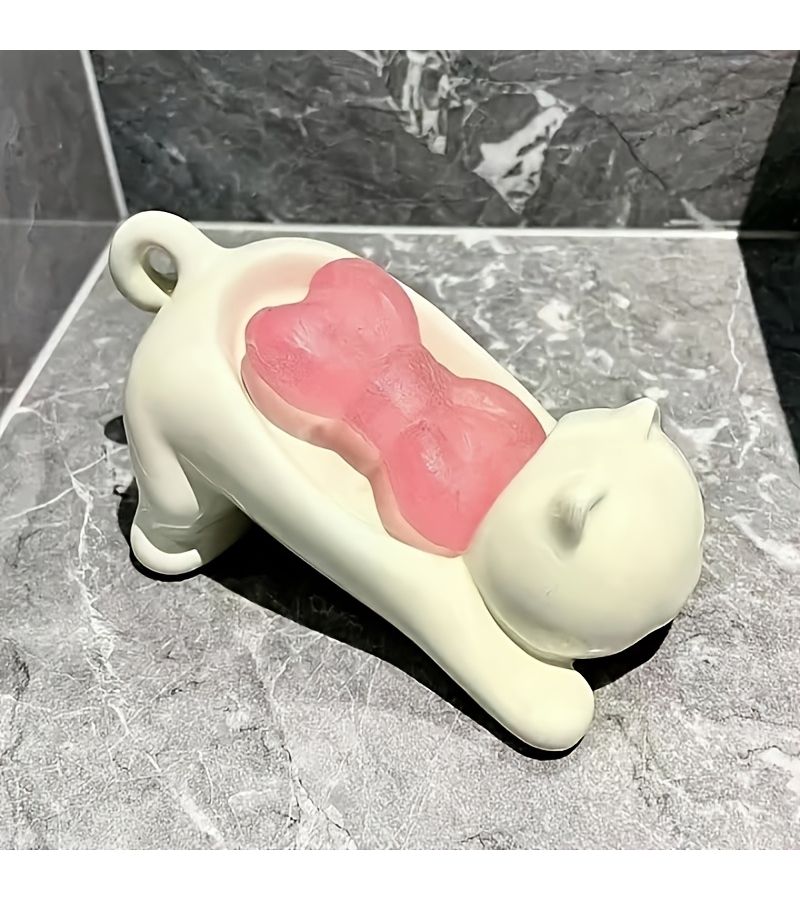 White Cat Shaped Soap Dish Plastic Bathroom Sink Organizer With Drainage Holes - Image 4