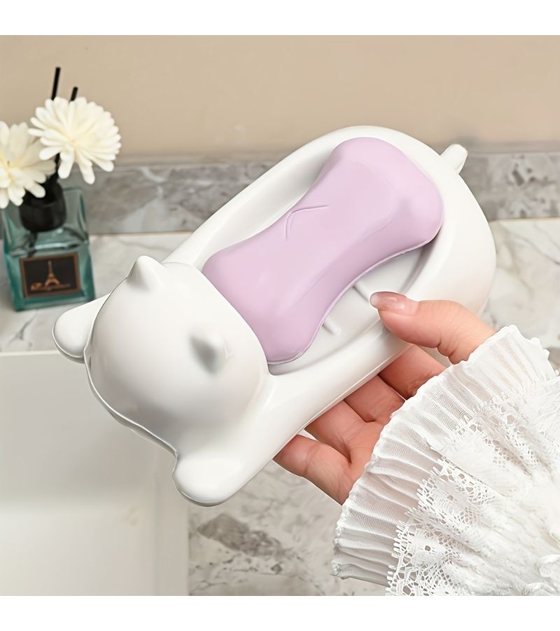 White Cat Shaped Soap Dish Plastic Bathroom Sink Organizer With Drainage Holes - Image 2