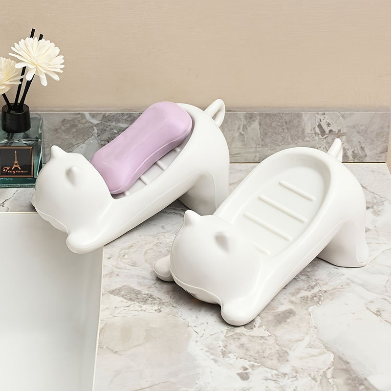 White Cat Shaped Soap Dish Plastic Bathroom Sink Organizer With Drainage Holes - Image 1