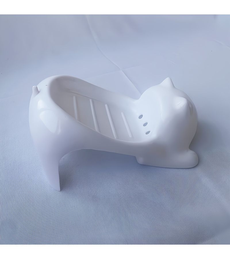 White Cat Shaped Soap Dish Plastic Bathroom Sink Organizer With Drainage Holes - Image 3