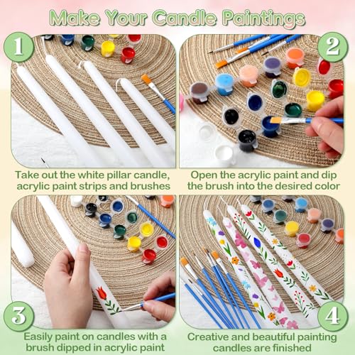 MTLEE 54 Pcs DIY Candle Painting Kit Include White Candles Colorful Acrylic Paint Strips and Paintbrushes for Crafts Making Wedding Birthday Party Centerpiece (Taper) - Image 4