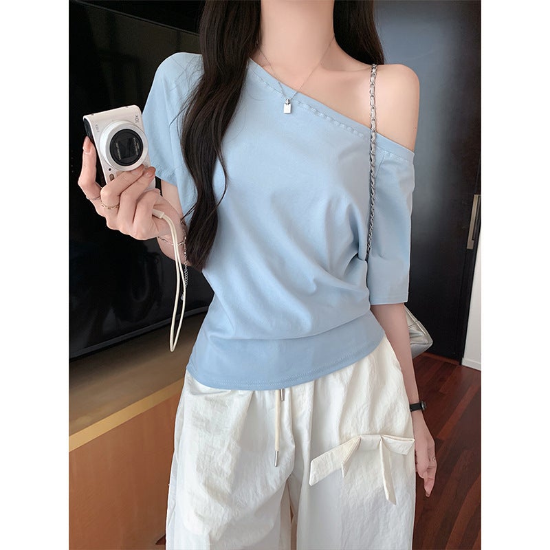 Real S - One-Shoulder Pure Desire Off-Shoulder Short-Sleeved T-Shirt With Slanted Shoulders, Loose And Lazy Style Top - Image 4