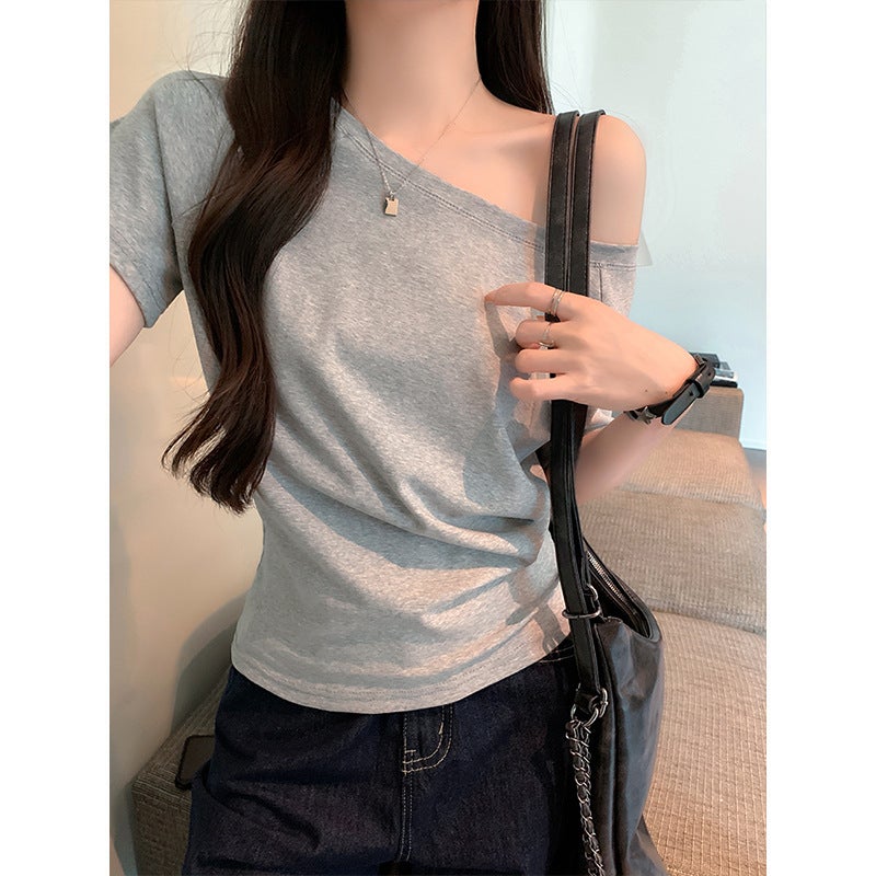 Real S - One-Shoulder Pure Desire Off-Shoulder Short-Sleeved T-Shirt With Slanted Shoulders, Loose And Lazy Style Top - Image 2