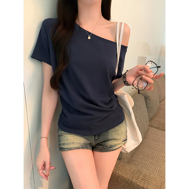 Real S - One-Shoulder Pure Desire Off-Shoulder Short-Sleeved T-Shirt With Slanted Shoulders, Loose And Lazy Style Top - Image 5