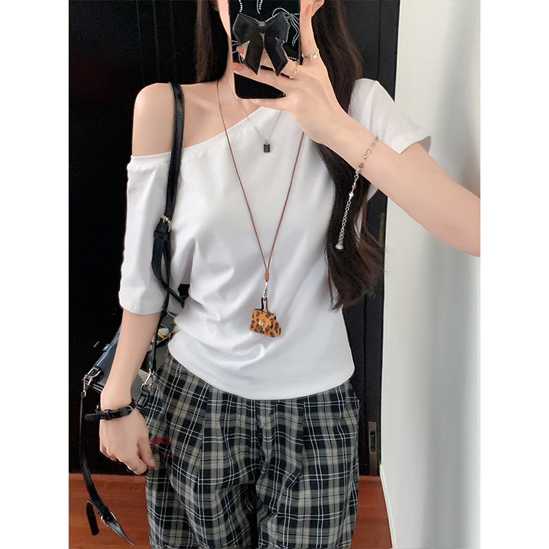 Real S - One-Shoulder Pure Desire Off-Shoulder Short-Sleeved T-Shirt With Slanted Shoulders, Loose And Lazy Style Top - Image 3