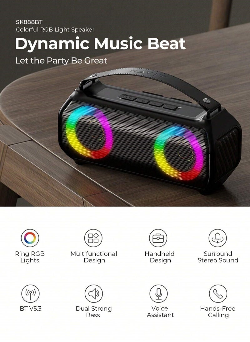 havit Powerful Portable Wireless Bluetooth Speaker with Surround Stereo Sound, RGB Light, and Super Bass – IPX5 Waterproof Sound Box for Outdoor Use Supports Multiple Inputs Including TWS, TF Card, USB, AUX, Hands-Free Calling, and Voice Assistant for Ultimate Versatility - Image 2