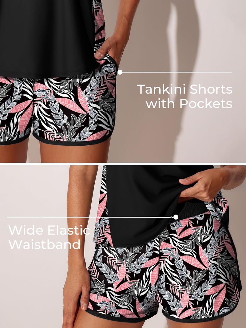 Summer Mae Blouson Tankini Swimsuits for Women 2026 Tummy Control Two Piece Bathing Suits with Sporty Pockets Swim Shorts Pink-Blue Jungle Size 10 - Image 4