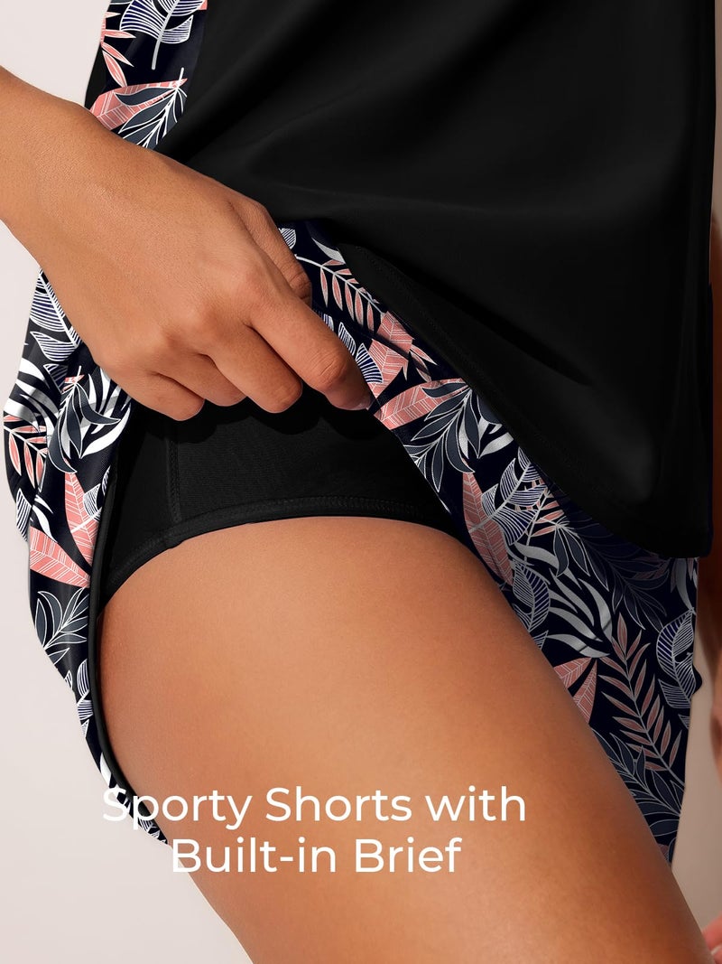Summer Mae Blouson Tankini Swimsuits for Women 2026 Tummy Control Two Piece Bathing Suits with Sporty Pockets Swim Shorts Pink-Blue Jungle Size 10 - Image 5