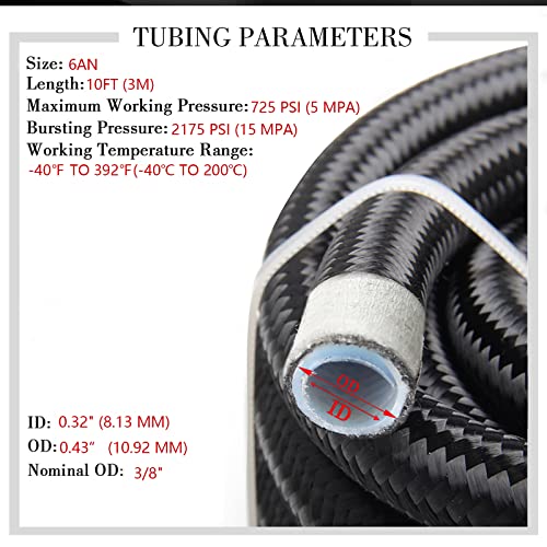 YIUIY 3/8 Fuel Line Hose 6AN 10FT PTFE Teflon E85 Ethanol Fuel Injection line Braided Stainless Steel EFI LS for All Oil Gas Fuel fuel Lube Alcohol Ethanol Coolant Black - Image 2