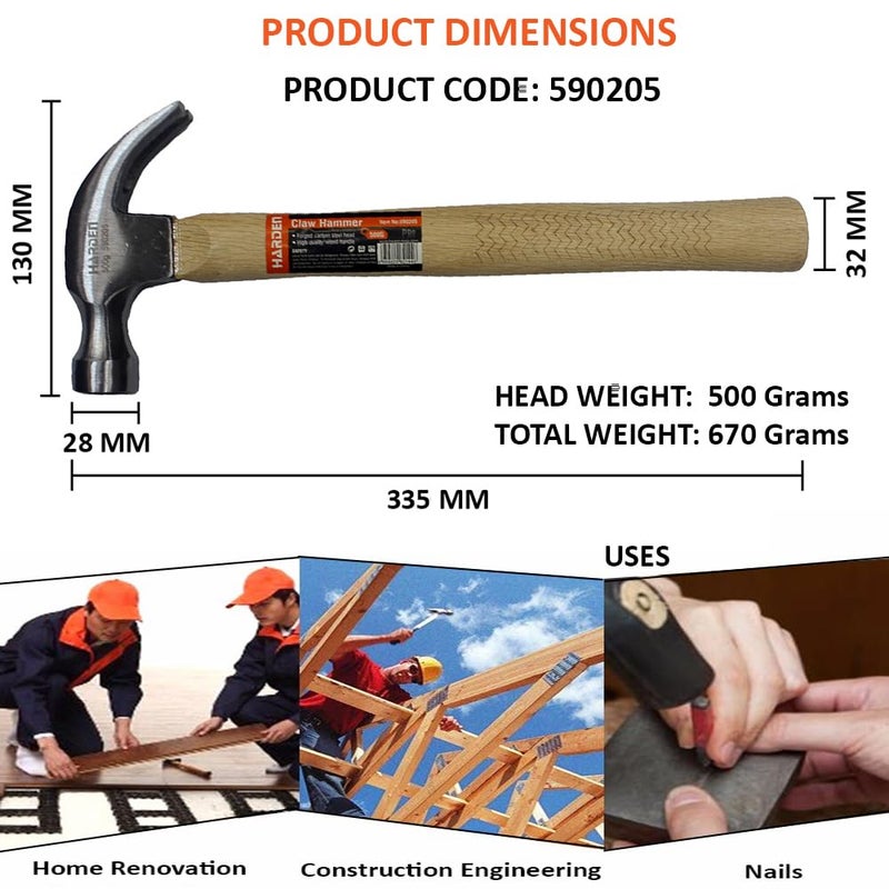 Harden 500 Grams Carbon Steel Claw Hammer with Oak Wood Handle Professional Series 590205 - Image 2