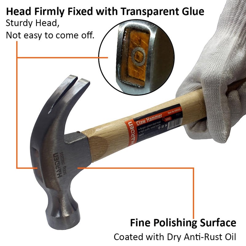 Harden 500 Grams Carbon Steel Claw Hammer with Oak Wood Handle Professional Series 590205 - Image 4