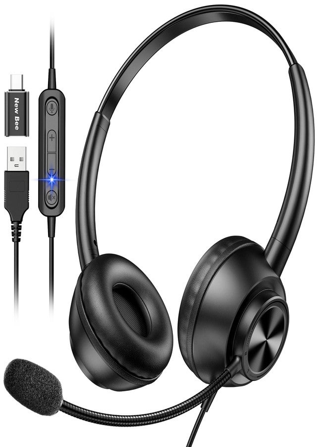 New Bee USB Headset with Microphone for PC, Computer Headset with Mic, Wired Headset with USB-A & Type-C, Mute, In-Line Controls Call Center Headphone for Work PC Laptop Office Phone Meeting Zoom Skype - Image 1