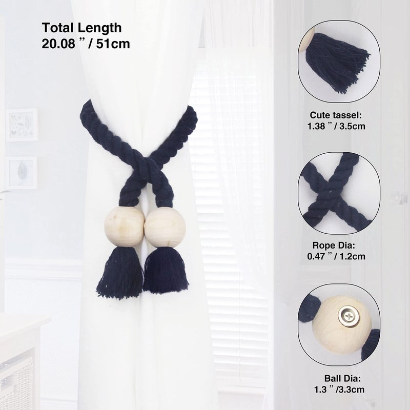 Nieffeiy 4 Pack Magnetic Curtain Tiebacks Cotton Hand Woven Tie Back Decorative Rope Holdbacks For Curtains Draperies No Tools Required  Navy - Image 3
