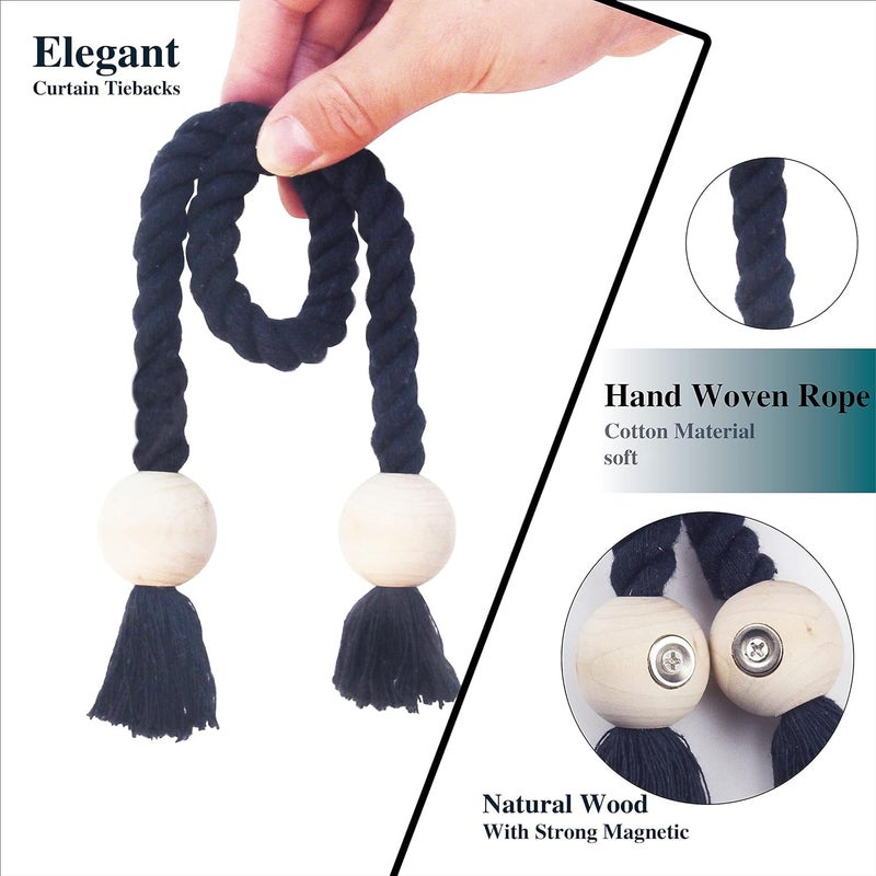 Nieffeiy 4 Pack Magnetic Curtain Tiebacks Cotton Hand Woven Tie Back Decorative Rope Holdbacks For Curtains Draperies No Tools Required  Navy - Image 2
