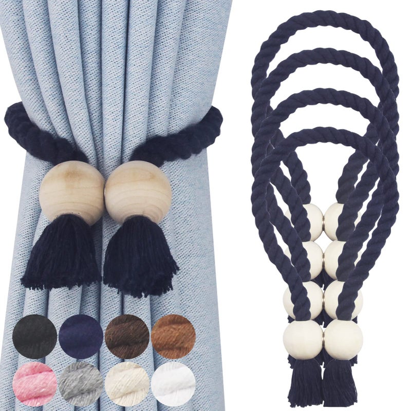 Nieffeiy 4 Pack Magnetic Curtain Tiebacks Cotton Hand Woven Tie Back Decorative Rope Holdbacks For Curtains Draperies No Tools Required  Navy - Image 1