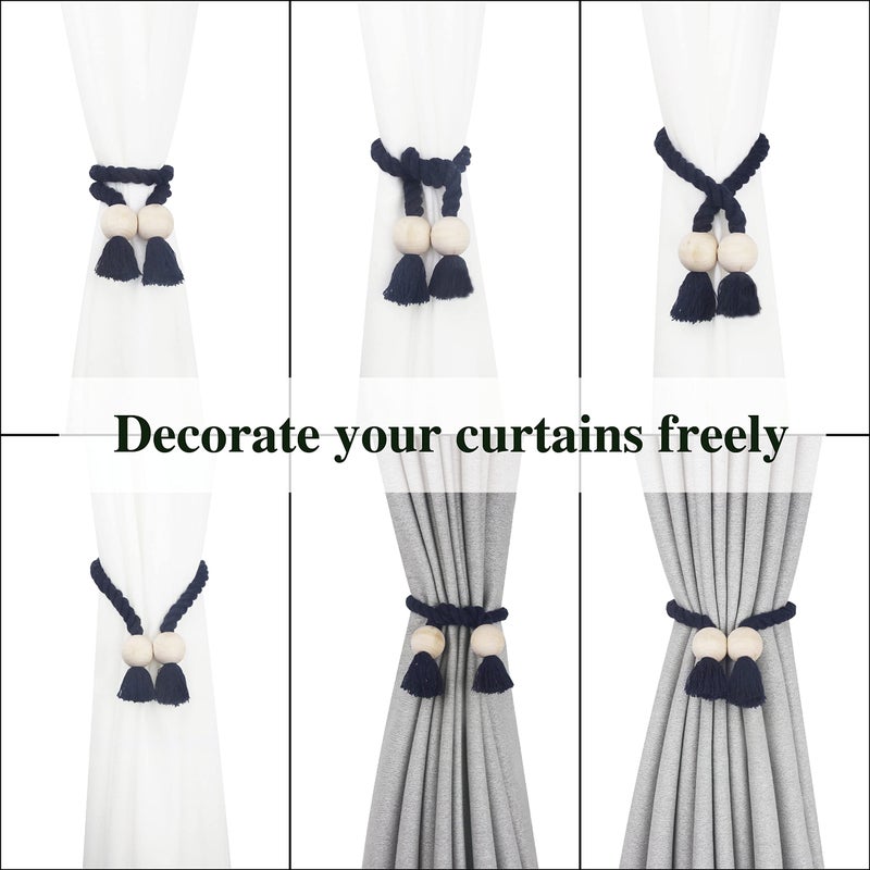 Nieffeiy 4 Pack Magnetic Curtain Tiebacks Cotton Hand Woven Tie Back Decorative Rope Holdbacks For Curtains Draperies No Tools Required  Navy - Image 5