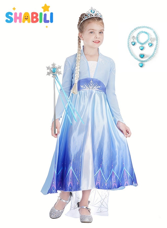 شبيلي فستان ملكة الثلج للبنات – فستان تول أزرق مع طقم إكسسوارات (تاج، عصا، عقد، قفازات)، بأسلوب أميرة الجليد، زي تنكر للأطفال بمقاسات 100–150 سم، فستان حفلة فاخر للبنات، مثالي للتنكر والحفلات والتصوير - Image 2