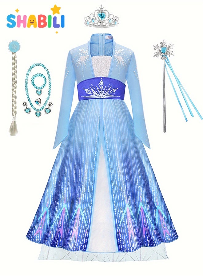 شبيلي فستان ملكة الثلج للبنات – فستان تول أزرق مع طقم إكسسوارات (تاج، عصا، عقد، قفازات)، بأسلوب أميرة الجليد، زي تنكر للأطفال بمقاسات 100–150 سم، فستان حفلة فاخر للبنات، مثالي للتنكر والحفلات والتصوير - Image 1