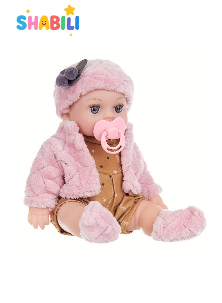 شبيلي دمية طفل رضيع واقعية بطول 12 بوصة بجسم كامل من فينيل ناعم قابل للغسل مع ملابس شتوية قطيفة وقبعة وحذاء وحلمة، لعبة آمنة يمكن عضّها هدية للأطفال للأولاد والبنات من عمر 3 سنوات فأكثر - Image 1