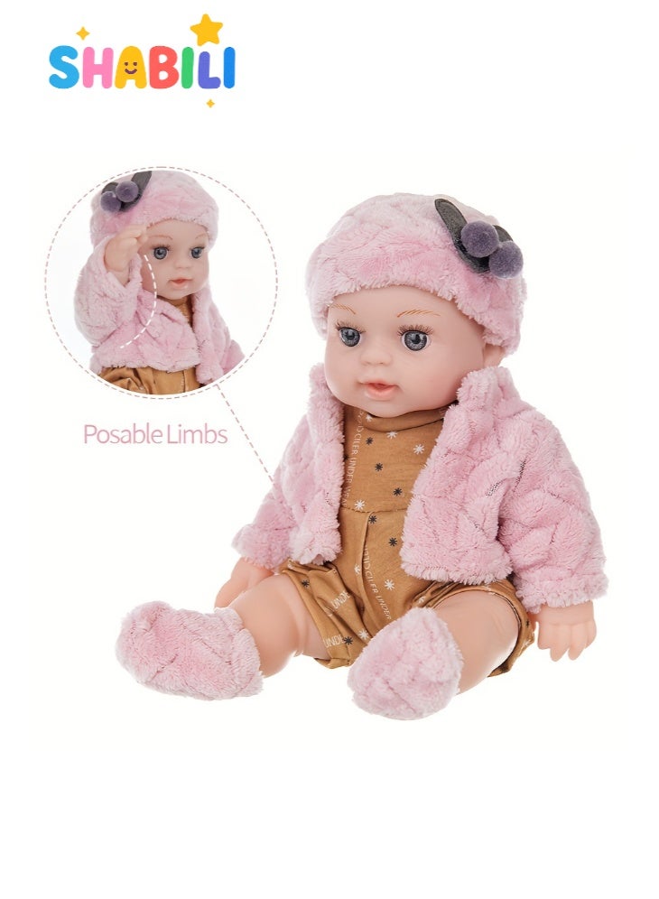 شبيلي دمية طفل رضيع واقعية بطول 12 بوصة بجسم كامل من فينيل ناعم قابل للغسل مع ملابس شتوية قطيفة وقبعة وحذاء وحلمة، لعبة آمنة يمكن عضّها هدية للأطفال للأولاد والبنات من عمر 3 سنوات فأكثر - Image 4