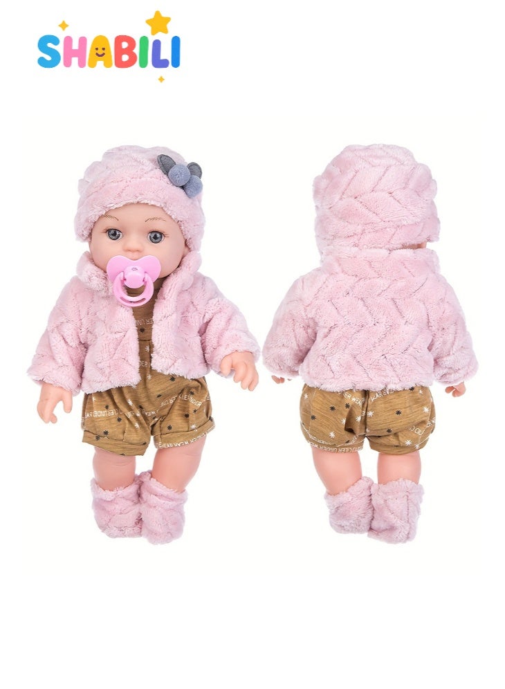 شبيلي دمية طفل رضيع واقعية بطول 12 بوصة بجسم كامل من فينيل ناعم قابل للغسل مع ملابس شتوية قطيفة وقبعة وحذاء وحلمة، لعبة آمنة يمكن عضّها هدية للأطفال للأولاد والبنات من عمر 3 سنوات فأكثر - Image 5