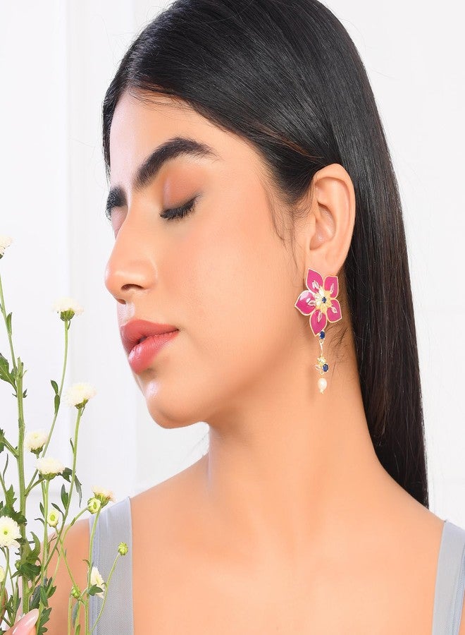 Voylla Flower Fantasy Majestic Magenta Dangler Earrings For Women Anti Tarnish Floral Long Earrings Elegant Statement Jewellery Gift Womens Day Gift - Image 3
