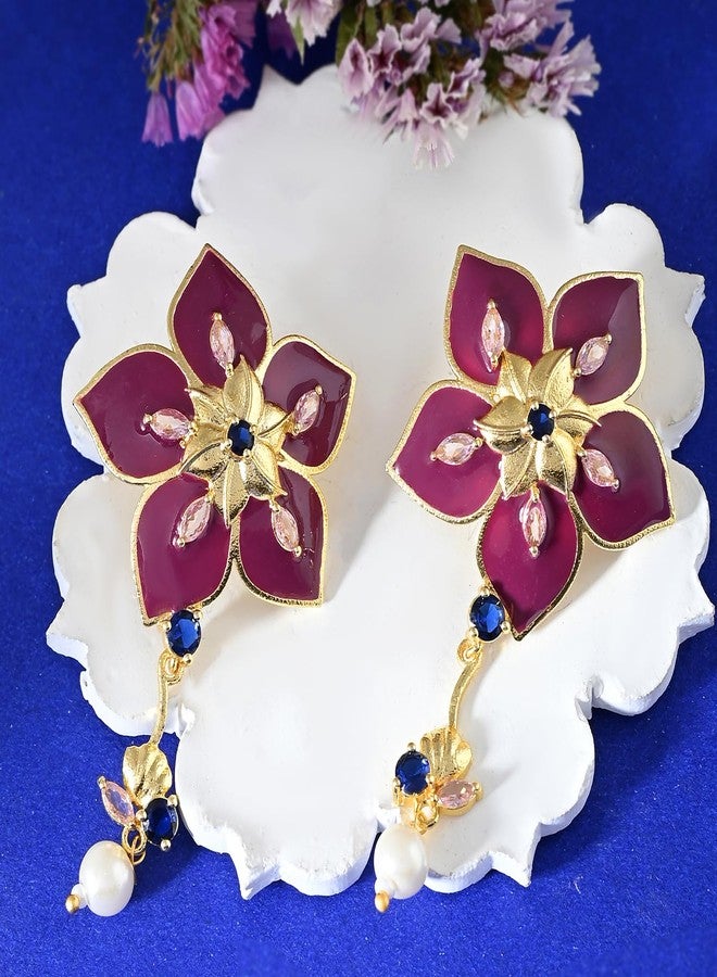 Voylla Flower Fantasy Majestic Magenta Dangler Earrings For Women Anti Tarnish Floral Long Earrings Elegant Statement Jewellery Gift Womens Day Gift - Image 2
