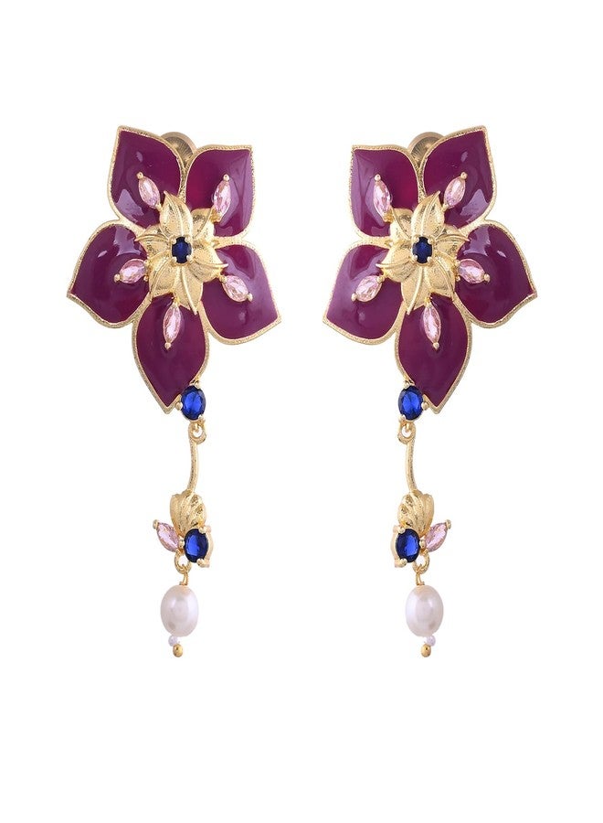 Voylla Flower Fantasy Majestic Magenta Dangler Earrings For Women Anti Tarnish Floral Long Earrings Elegant Statement Jewellery Gift Womens Day Gift - Image 4