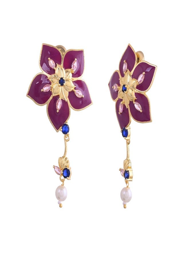 Voylla Flower Fantasy Majestic Magenta Dangler Earrings For Women Anti Tarnish Floral Long Earrings Elegant Statement Jewellery Gift Womens Day Gift - Image 1