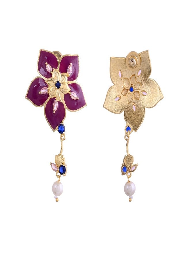 Voylla Flower Fantasy Majestic Magenta Dangler Earrings For Women Anti Tarnish Floral Long Earrings Elegant Statement Jewellery Gift Womens Day Gift - Image 5