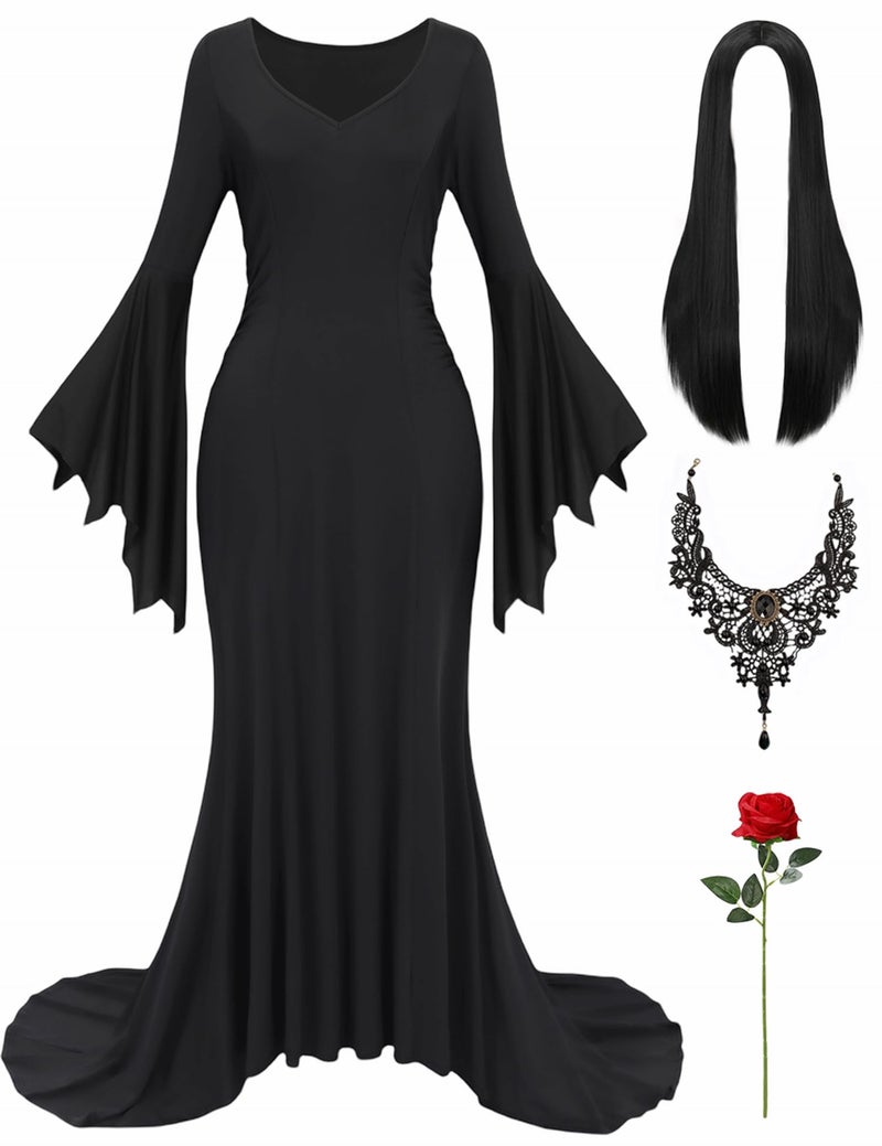 RAAIBB Halloween Costume Women Adult Long Black Dress with Gothic Necklace Long Wig Rose Flower Retro Black Gothic Dress for Costume RA064XL
