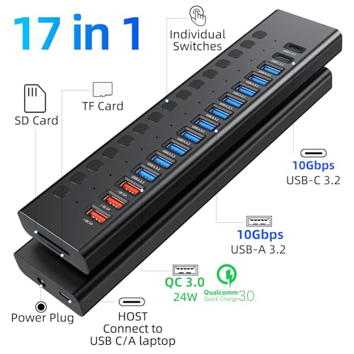 VANGREE Powered USB Hub 10Gbps, 17 Ports 96W USB 3.2 Hub(10 USB-A 3.2 Ports+3 QC 24W Fast Charging Ports+2 USB-C 3.2 Ports+SD/TF Card Reader), 12V/8A Power Adapter for Laptop, PC, Computer, HDD,Flash Drive - Image 2