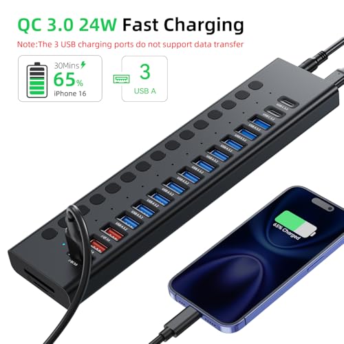 VANGREE Powered USB Hub 10Gbps, 17 Ports 96W USB 3.2 Hub(10 USB-A 3.2 Ports+3 QC 24W Fast Charging Ports+2 USB-C 3.2 Ports+SD/TF Card Reader), 12V/8A Power Adapter for Laptop, PC, Computer, HDD,Flash Drive - Image 4