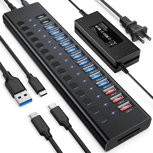 VANGREE Powered USB Hub 10Gbps, 17 Ports 96W USB 3.2 Hub(10 USB-A 3.2 Ports+3 QC 24W Fast Charging Ports+2 USB-C 3.2 Ports+SD/TF Card Reader), 12V/8A Power Adapter for Laptop, PC, Computer, HDD,Flash Drive - Image 1