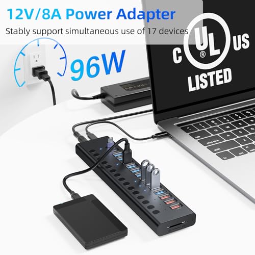 VANGREE Powered USB Hub 10Gbps, 17 Ports 96W USB 3.2 Hub(10 USB-A 3.2 Ports+3 QC 24W Fast Charging Ports+2 USB-C 3.2 Ports+SD/TF Card Reader), 12V/8A Power Adapter for Laptop, PC, Computer, HDD,Flash Drive - Image 5