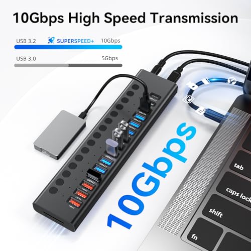 VANGREE Powered USB Hub 10Gbps, 17 Ports 96W USB 3.2 Hub(10 USB-A 3.2 Ports+3 QC 24W Fast Charging Ports+2 USB-C 3.2 Ports+SD/TF Card Reader), 12V/8A Power Adapter for Laptop, PC, Computer, HDD,Flash Drive - Image 3