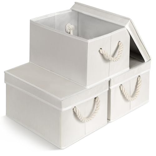 Storage Standard Set of 3 Fabric Bins for Organization - Foldable & Stackable With Lid & Rope Handles - Collapsible Fabric Storage Cubes Lightweight & Sturdy Bottom, Space Saving Collapsible Bin, Ivory - Image 1